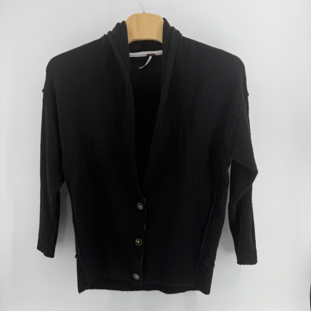 Free People Black Shawl Collar Button Front Cardigan Sweater Small Oversized